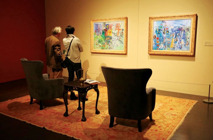  “Regatta at Cowes” is by Raoul Dufy, a contemporary of Matisse’s and one  of the artists featured in the exhibit. It is seen in detail, below,  and in an exhibit room. [Photo by Irma Laliashvili’]   